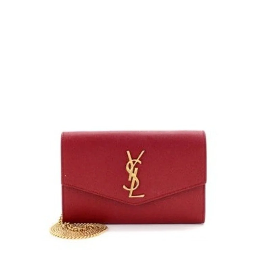 Saint Laurent Uptown Chain Wallet Red Grain De Poudre WOC + Card Holder Gold HW